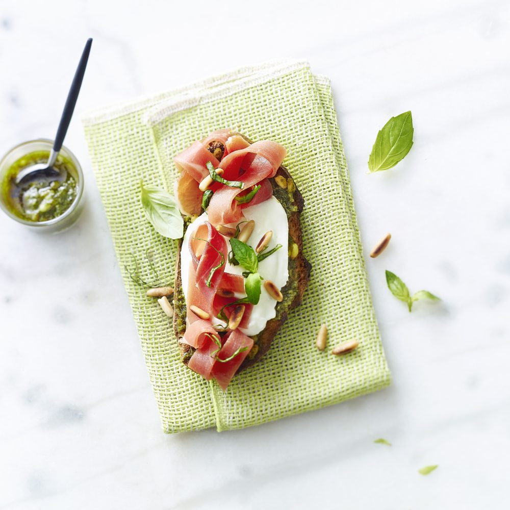 tartine, jambon cru, pesto, mozzarella, entrée, apéritif, recette