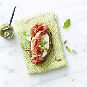 tartine, jambon cru, pesto, mozzarella, entrée, apéritif, recette
